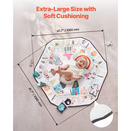 VEVOR 41.7" x 41.7" Baby Play Gym Mat, Tummy Time Mat with 6 Detachable Sensory Toys, Activity Mat with Fold-up Sides & Soft Fabric for Sensory and