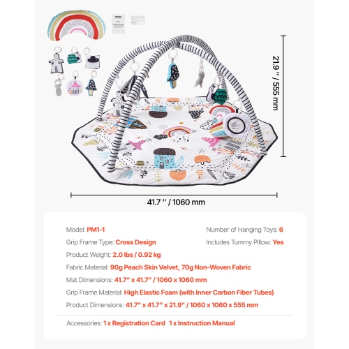 VEVOR 41.7" x 41.7" Baby Play Gym Mat, Tummy Time Mat with 6 Detachable Sensory Toys, Activity Mat with Fold-up Sides & Soft Fabric for Sensory and