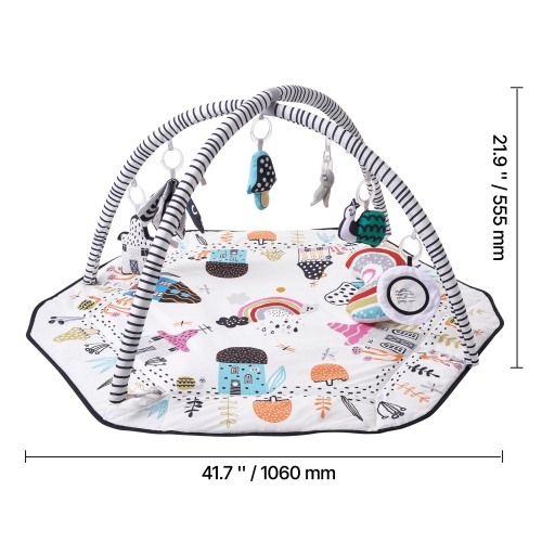 VEVOR 41.7" x 41.7" Baby Play Gym Mat, Tummy Time Mat with 6 Detachable Sensory Toys, Activity Mat with Fold-up Sides & Soft Fabric for Sensory and