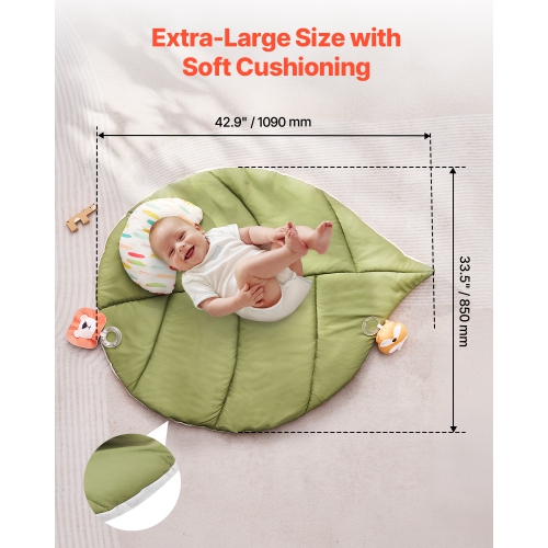 VEVOR 0-18 Months Baby Play Gym Mat, Baby Activity Mat with 6 Sensory Toys, Oversize Leaf-Shaped Tummy Time Mat, Baby Essential Gift for Motor Skills