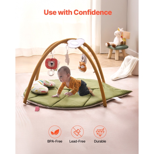 VEVOR 0-18 Months Baby Play Gym Mat, Baby Activity Mat with 6 Sensory Toys, Oversize Leaf-Shaped Tummy Time Mat, Baby Essential Gift for Motor Skills