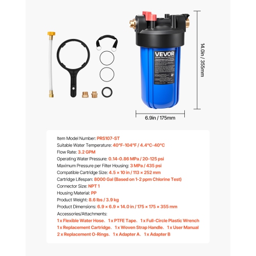 VEVOR RV Water Filtration System, Drinking Water Filter System with Replaceable Cartridge for Campers, Remove Sediments, Chlorine, Bad Tastes, Odors,