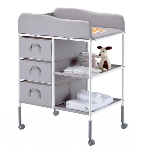 VEVOR 3 Fabric Drawers Baby Changing Table,Portable Diaper Change Station with Lockable Wheels,Adjustable Height Multi-Functional Changing Station