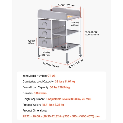 VEVOR 3 Fabric Drawers Baby Changing Table,Portable Diaper Change Station with Lockable Wheels,Adjustable Height Multi-Functional Changing Station