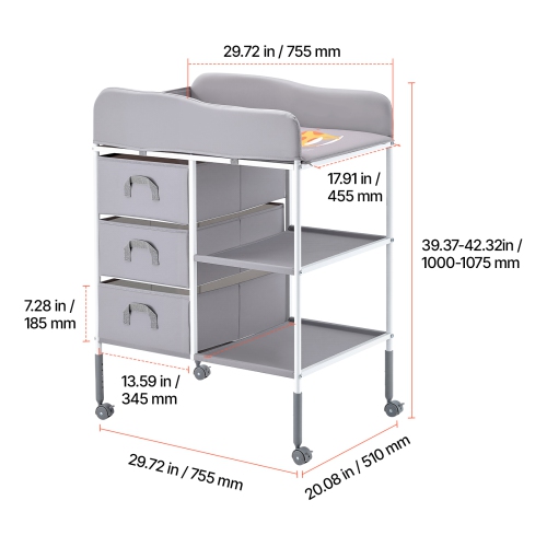 VEVOR 3 Fabric Drawers Baby Changing Table,Portable Diaper Change Station with Lockable Wheels,Adjustable Height Multi-Functional Changing Station