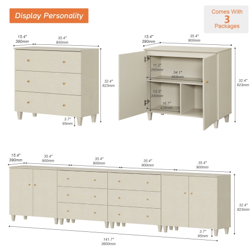 WAMPAT 4-in-1 Sideboard Buffet Cabinet with 4 Doors & 6 Drawers, 142" Modern Credenza Storage Cabinet, Wooden Coffee Bar Server Table with for