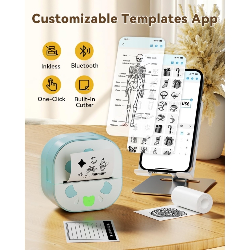 Sticker Printer,Mini Portable Thermal Printer,Bluetooth Portable Sticker Maker with 3 Roll Paper,Inkless Thermal Printers for Notes Journal DIY,Kids