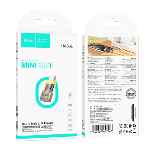 UA36D USB-C Male to iP Female OTG Transparent Adapter