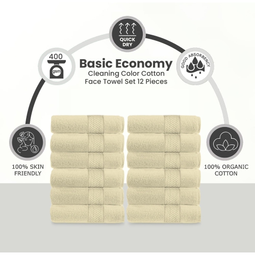 Canadian Linen Economy Washcloths Set,12 Pack, 12”x12” 100% Cotton Cream Color Face Towel Soft Absorbent Lightweight Face Cloths for Spa Hair Salon