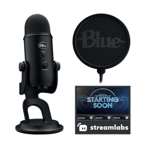 Refurbished - Logitech Blue Yeti Game Streaming Kit with Yeti USB Gaming Mic, Blue VO!CE, Exclusive Streamlabs Themes, Custom Blue Pop Filter -