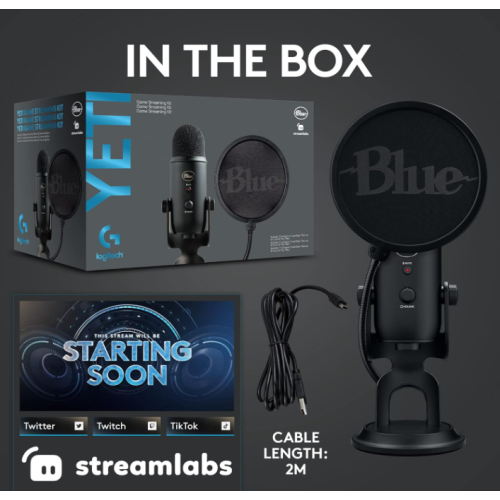 Refurbished - Logitech Blue Yeti Game Streaming Kit with Yeti USB Gaming Mic, Blue VO!CE, Exclusive Streamlabs Themes, Custom Blue Pop Filter -