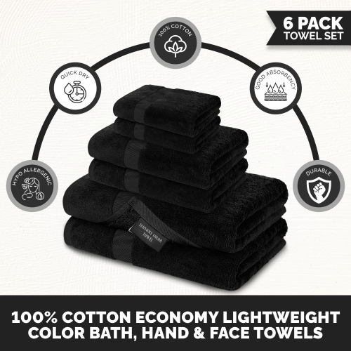 Canadian Linen Economy Bathroom Towel Set, 6 Pack: 2 Bath Towels 2 Hand Towels 2 Washcloths, 100% Cotton Soft Absorbent Light Weight Fade Resistant