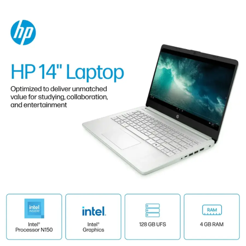 HP 14" Laptop, Intel Processor N150, 16GB Memory 128GB UFS, Microsoft Copilot, Windows 11 Home in S Mode, Wi-Fi 6, Lightweight, Bluetooth, HDMI, Green