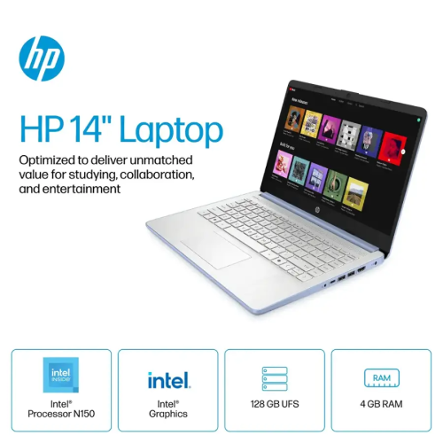HP 14" Laptop, Intel Processor N150, 8GB Memory 128GB UFS, Microsoft Copilot, Windows 11 Home in S Mode, Wi-Fi 6, Lightweight, Bluetooth, HDMI, Blue