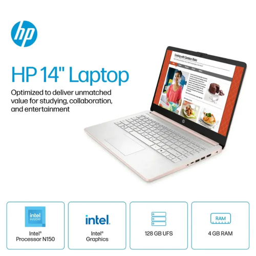 HP 14" Laptop, Intel Processor N150, 16GB Memory 128GB UFS, Microsoft Copilot, Windows 11 Home in S Mode, Wi-Fi 6, Lightweight, Bluetooth, HDMI, Blue