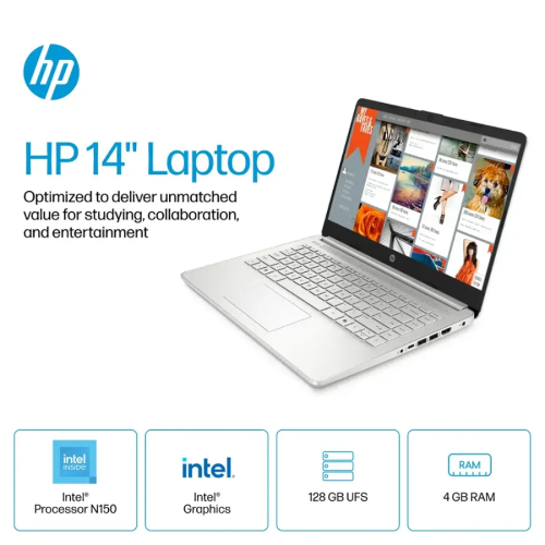 HP 14" Laptop, Intel Processor N150, 8GB Memory 128GB UFS, Microsoft Copilot, Windows 11 Home in S Mode, Wi-Fi 6, Lightweight, Bluetooth, HDMI, Silver