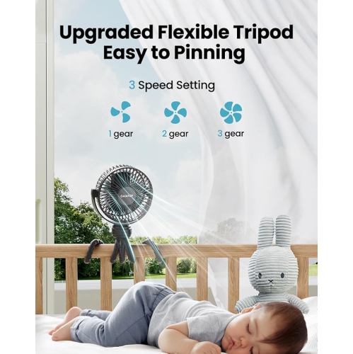 Gaiatop Mini Portable Pram Fan, Rechargeable Small Clip on Fan for Stroller, Detachable 3 Speed 360 Degree Rotate Flexible Tripod Handheld Desk