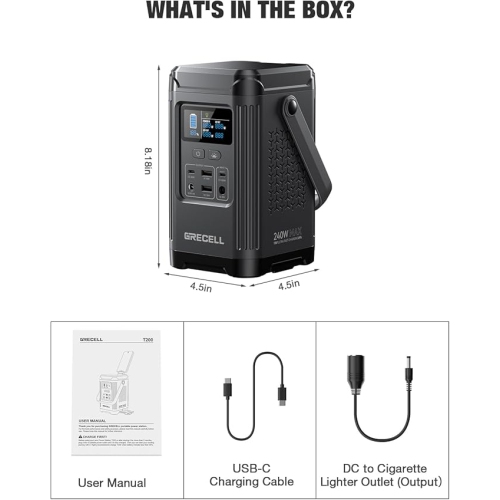 GRECELL 240W Portable Power Station Power Bank 153.6WH Solar Generator LiFePO4 Battery Dual Way 100W PD Camping Battery Power Supply with Integrated