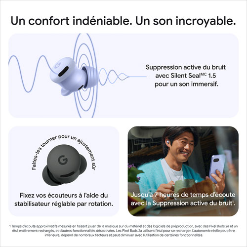 Écouteurs boutons 100 % sans fil à suppression du bruit Pixel Buds 2a de Google - Iris