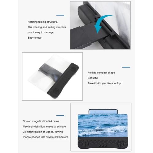 12 inch Phone Screen Magnifier with Bluetooth Speaker,Mobile Phone Screen Amplifier with 2-in-1 Foldable Stretch Stand Holder for within 6.5 inch