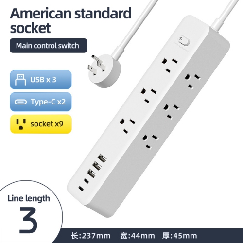 110V US Standard Socket USB Socket Board Terminal Block US-Mexico Power Converter Multi-hole Socket - NN-27 White [3m] 9-hole