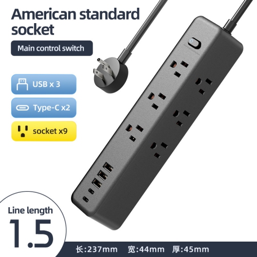 110V US Standard Socket USB Socket Board Terminal Block US-Mexico Power Converter Multi-hole Socket - NN-27 Black [1.5m] 9-hole