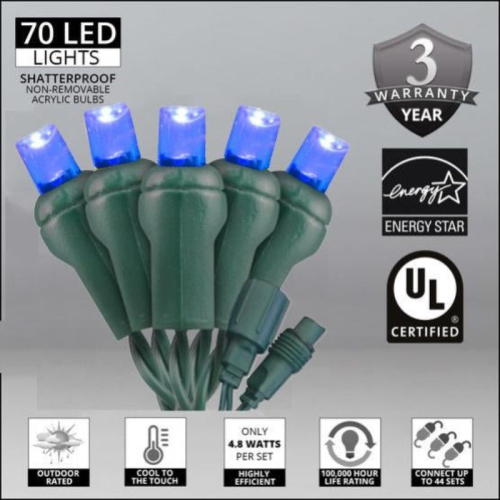LightingByHHD 70-Light 5mm LED Christmas Mini Light Set – Bulbs, Coaxial Connectors, Commercial Grade, Outdoor Use, Blue