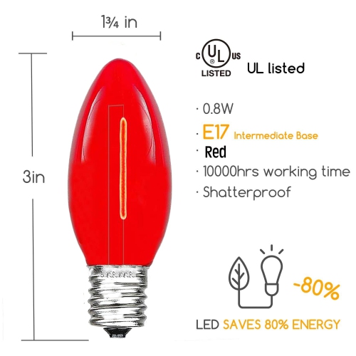 Ampoules de rechange C9 LED de LightingByHHD – Lampe de Noël de style filament, incassable, pour douille E17 – Boîte de 25, rouge
