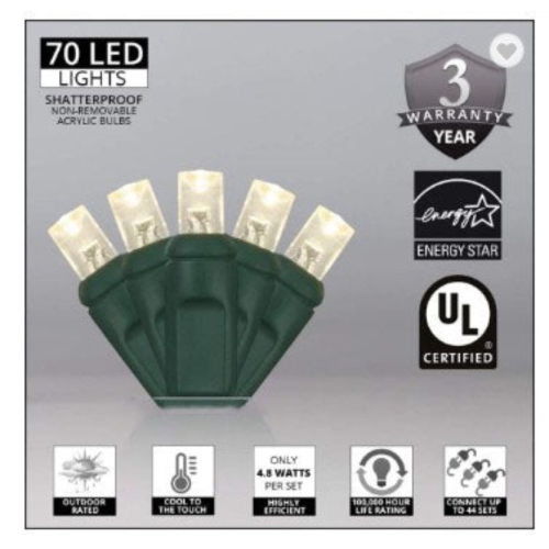 LightingByHHD 70-Light 5mm LED Christmas Mini Light Set – Bulbs, Coaxial Connectors, Commercial Grade, Outdoor Use, Warm White