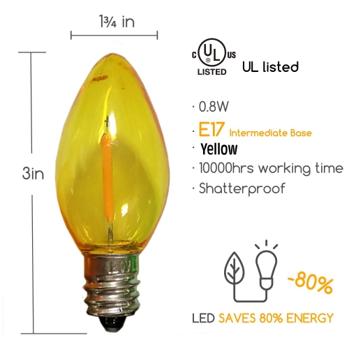 Ampoules de rechange C9 LED de LightingByHHD – Lampe de Noël de style filament, incassable, pour douille E17 – Boîte de 25, jaune