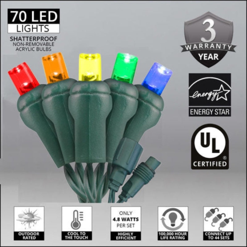 LightingByHHD 70-Light 5mm LED Christmas Mini Light Set – Bulbs, Coaxial Connectors, Commercial Grade, Outdoor Use, Multi-Color