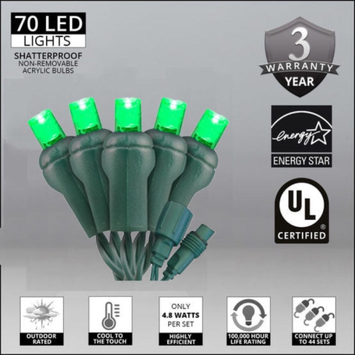 LightingByHHD 70-Light 5mm LED Christmas Mini Light Set – Bulbs, Coaxial Connectors, Commercial Grade, Outdoor Use, Green