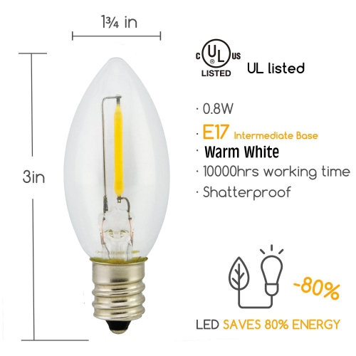 LightingByHHD C9 LED Replacement Bulbs – Filament Style Christmas Light, Shatterproof, Fits E17 Socket – Box of 25, Warm White