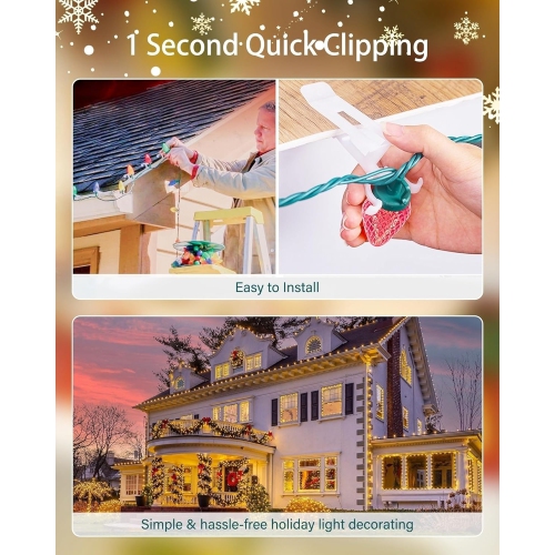 LightingByHHD All-in-One Christmas Light Clips – 100 Pack – For C7/C9 Bulbs – Gutter & Shingle Mounting – Professional Grade, White