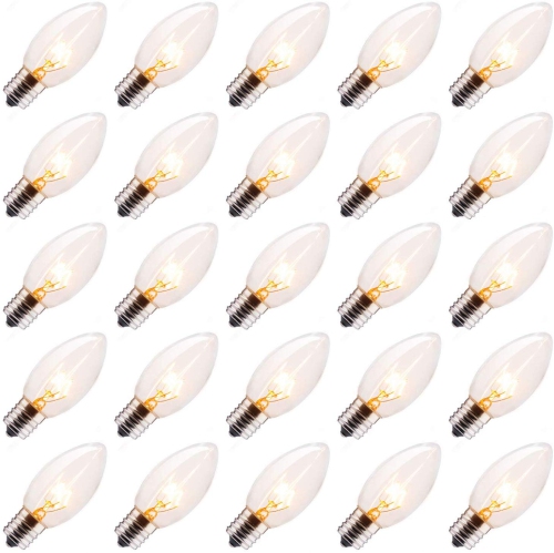 LightingByHHD Edison C9 Incandescent Bulbs – 25-Pack Christmas Light Replacements, Fits E17 Sockets, Warm White