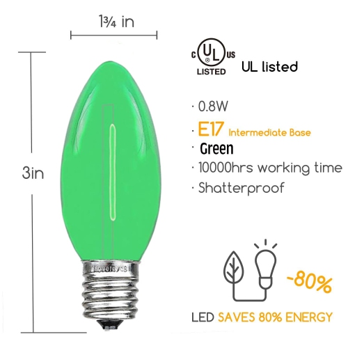 Ampoules de rechange C9 LED de LightingByHHD – Lampe de Noël de style filament, incassable, pour douille E17 – Boîte de 25, vert