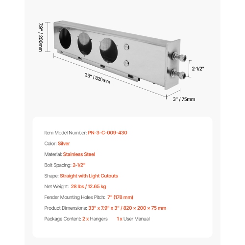 VEVOR 1 Pair Stainless Steel Mud Flap Hangers with Light Cutouts, 2-1/2" Bolt Spacing, Spring Loaded Mudflap Hangers for Semi Trucks, Semi Truck Mud