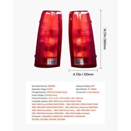 VEVOR 2PCS Tail Light Assembly Compatible with 1988-1999 Chevy/GMC C/K 1500 2500 3500, 1992-1999 Chevy/GMC Suburban 1500/2500, Left & Right Side