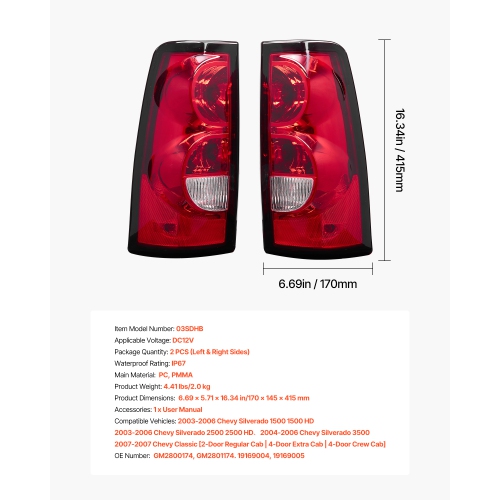 VEVOR 2PCS Tail Light Assembly Compatible with 2003-2006 Chevy Silverado 1500 1500 HD 2500 2500 HD 3500, 2007-2007 Chevy Classic, Driver & Passenger