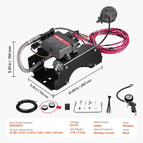 VEVOR 12V Air Shock Controller Kit, 100PSI Wireless On Board Air Compressor System, App or Remote Control Air Ride Suspension Compressor Kit with
