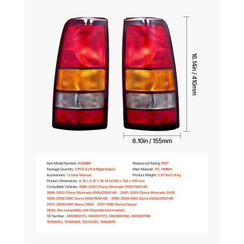 VEVOR 2PCS Tail Light Assembly Compatible with 1999-2003 Chevy Silverado 1999-2006 GMC Sierra 1500 1500 HD 2500 2500 HD 3500, 2007 GMC Sierra Classic