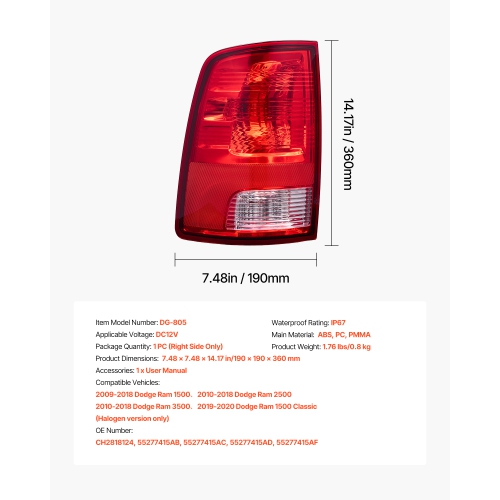 VEVOR Tail Light Assembly Compatible with 2009-2018 Dodge Ram 1500 2500 3500, 2019-2020 Dodge Ram 1500 Classic, Halogen Version Left Driver Side
