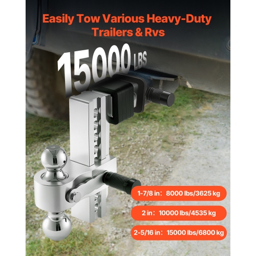 VEVOR 8-Inch Adjustable Trailer Hitch, Tri-Ball Mount for 2-Inch Hitch Receiver, Trailer Ball Size 1-7/8", 2" and 2-5/16", Max 15000 lbs Ball Hitch,