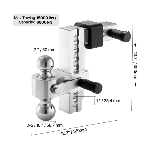 VEVOR 8-Inch Adjustable Trailer Hitch, Tri-Ball Mount for 2-Inch Hitch Receiver, Trailer Ball Size 1-7/8", 2" and 2-5/16", Max 15000 lbs Ball Hitch,