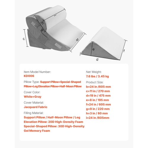 VEVOR Wedge Pillow for Sleeping, 4 Pcs Adjustable Orthopedic Bed Wedge Set, Support Leg Neck Shoulder, Post Surgery Pillow for Back Pain, Acid