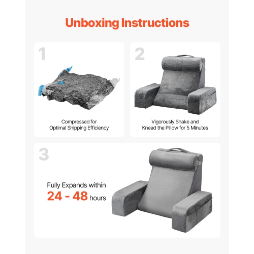 VEVOR 3 Pockets Reading Pillow, Backrest Support Pillow with Arm, Large Size Bed Pillow with Removable Headrest & 25D Sponge, Handle for Easy