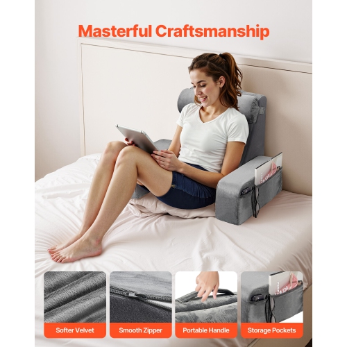 VEVOR 3 Pockets Reading Pillow, Backrest Support Pillow with Arm, Large Size Bed Pillow with Removable Headrest & 25D Sponge, Handle for Easy