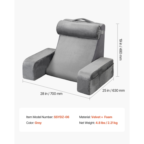 VEVOR 3 Pockets Reading Pillow, Backrest Support Pillow with Arm, Large Size Bed Pillow with Removable Headrest & 25D Sponge, Handle for Easy