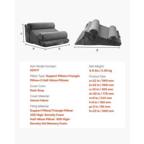 VEVOR Wedge Pillow for Sleeping, 4 Pcs Adjustable Orthopedic Bed Wedge Set, Support Arm Leg Neck Shoulder, Post Surgery Pillow for Back Pain, Acid