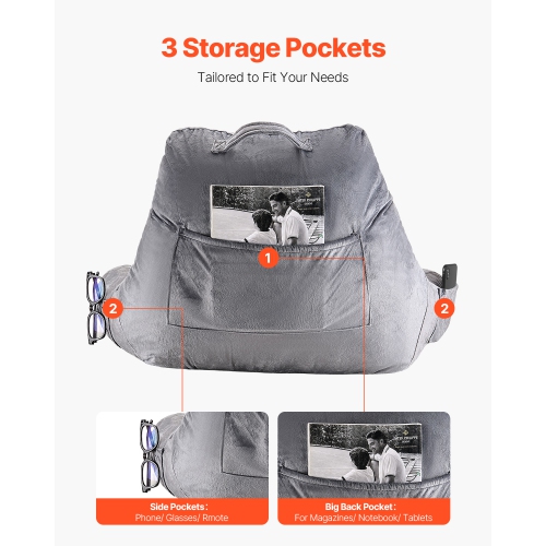 VEVOR 3 Pockets Reading Pillow, Standard Size Bed Pillow with Shredded Memory Foam, Back Pillow with Washable Short Velvet Cloth, Top with Handle,